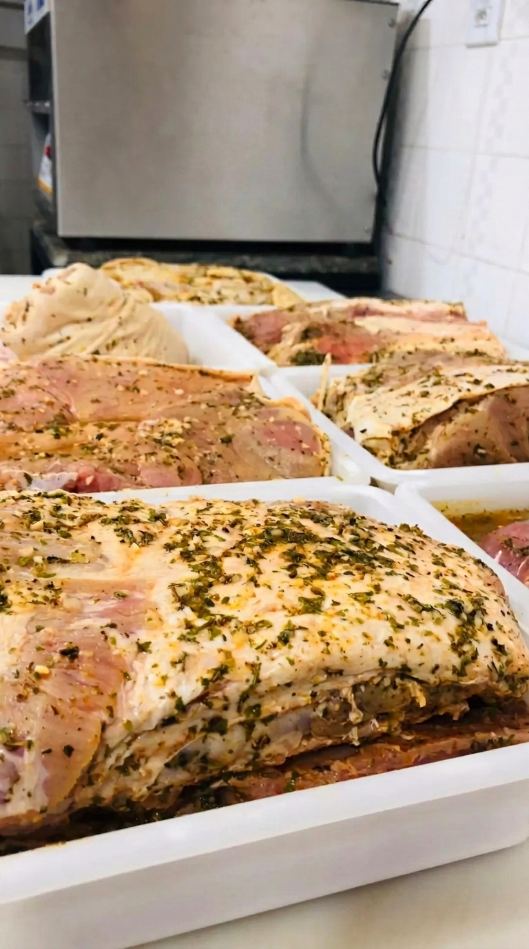 Bancada com bandejas de carnes temperadas